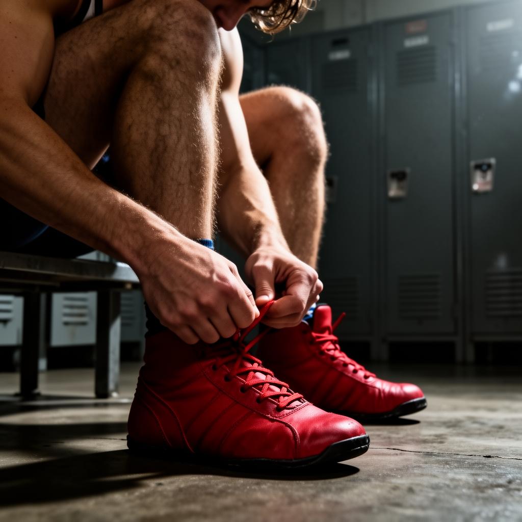Lacing up red wrestling shoes in the locker room