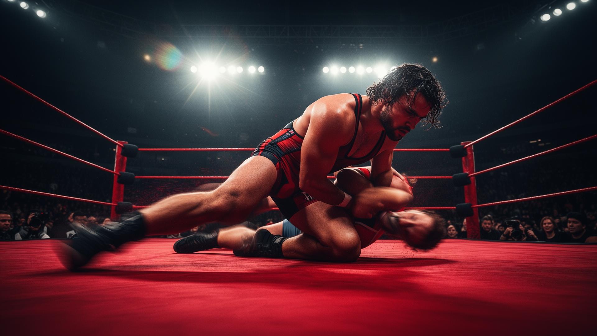 Wrestler hitting a takedown under the lights